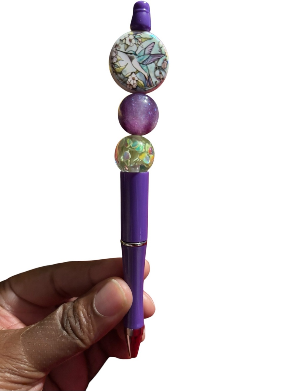 Handmade Purple Beaded  Hummingbird Pen